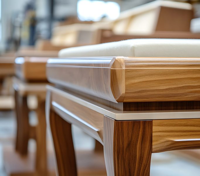 Close-up of a wooden piece of furniture highlighting fine craftsmanship in a furniture workshop